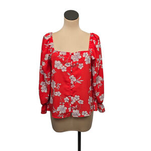 Sanctuary Blouse Womens Medium Red Floral Square Neck Long Sleeve Button Up‎ Top